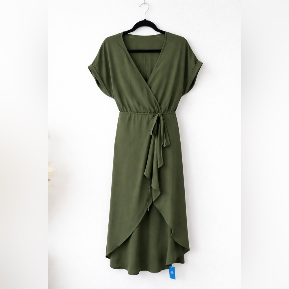 Cupshe Olive Green Tie Midi Dress Bow Casual Wedding Guest Beach Spring